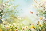 Springtime Easter background with blooming flowers and butterflies