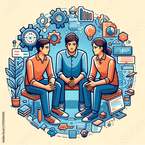 Graphic illustration of three people sitting in a circle and discussing business issues