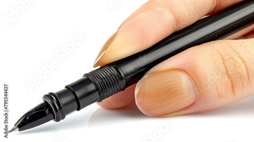   A person holds a pen with their hand, pointing its tip directly photo