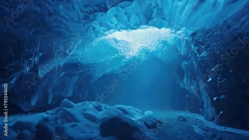 A blue cave with a light shining through it photo