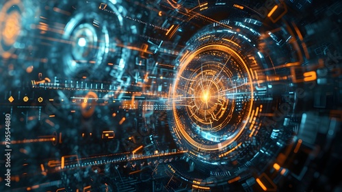 walls wrapped in digital binary codes with blue lights in the technology gateway