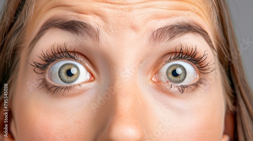  A woman's face, closely framed Long eyelashes cast shadows on cheeks Toothbrush poised before parted lips