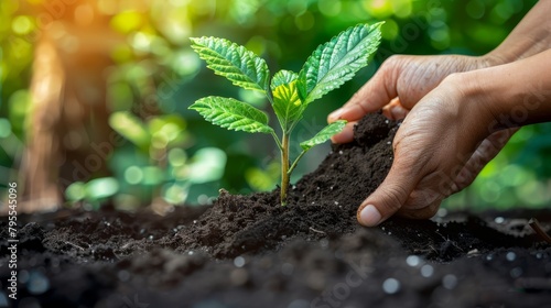   A tight shot of a hand cradling a small green plant against a backdrop of dirt Behind, trees stretch into the distance photo