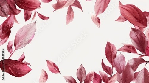   A cluster of red leaves suspended against a pristine white backdrop with an unoccupied white expanse in the center