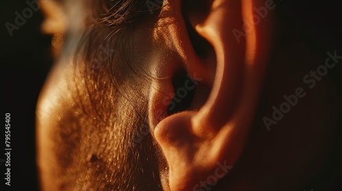   A tight shot of an ear  featuring a minimal amount of hair along the side