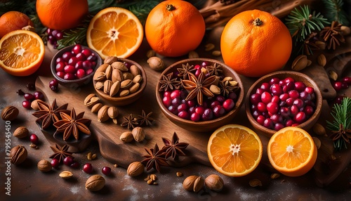 Fall and winter ingredients still life with oranges, cranberry, nuts and spices 