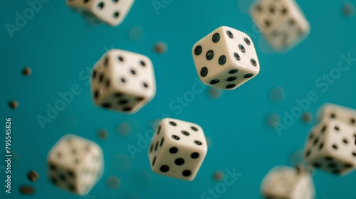   A cluster of dice suspended above a teal-blue background  speckled with numerous black dots