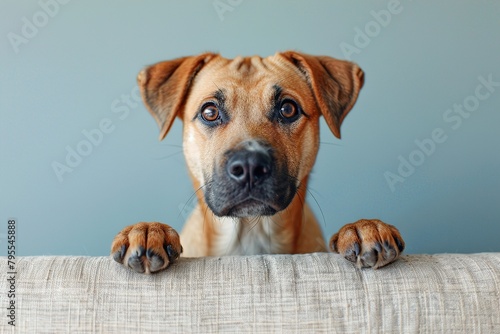 A curious puppy peeking out from behind a barrier on a white background. A minimalistic concept with a copy space. Cute pet for background, poster, print, designer postcard, banner