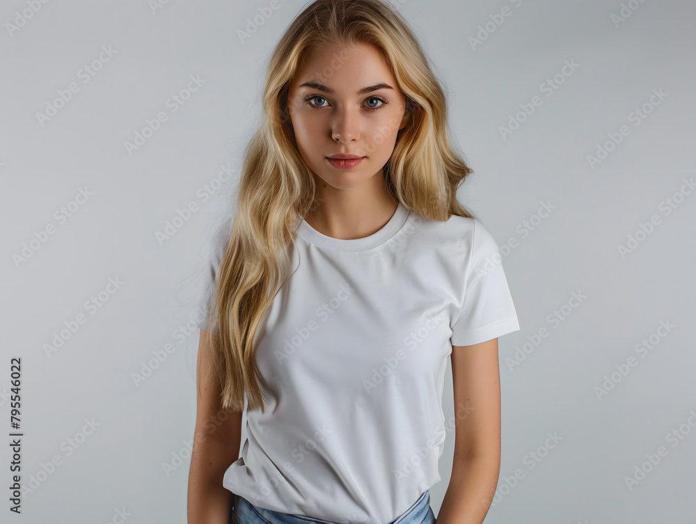Obraz premium Portrait of a Young Woman with Blonde Hair in a White T-shirt