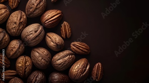  A stack of walnuts against a black backdrop, with a select few nuts situated in the center