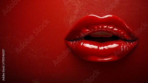  A women's lips in red lipstick, tightly framed against a scarlet backdrop shaped as a heart