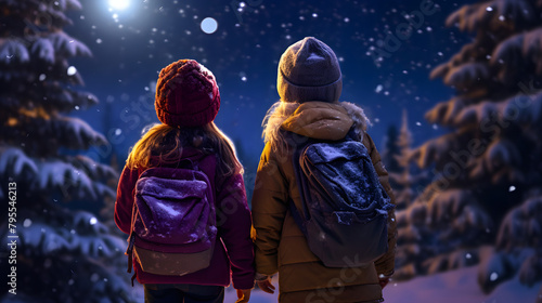 Two little girls with backpacks on their backs, watching the starry sky. Winter idyllic night.