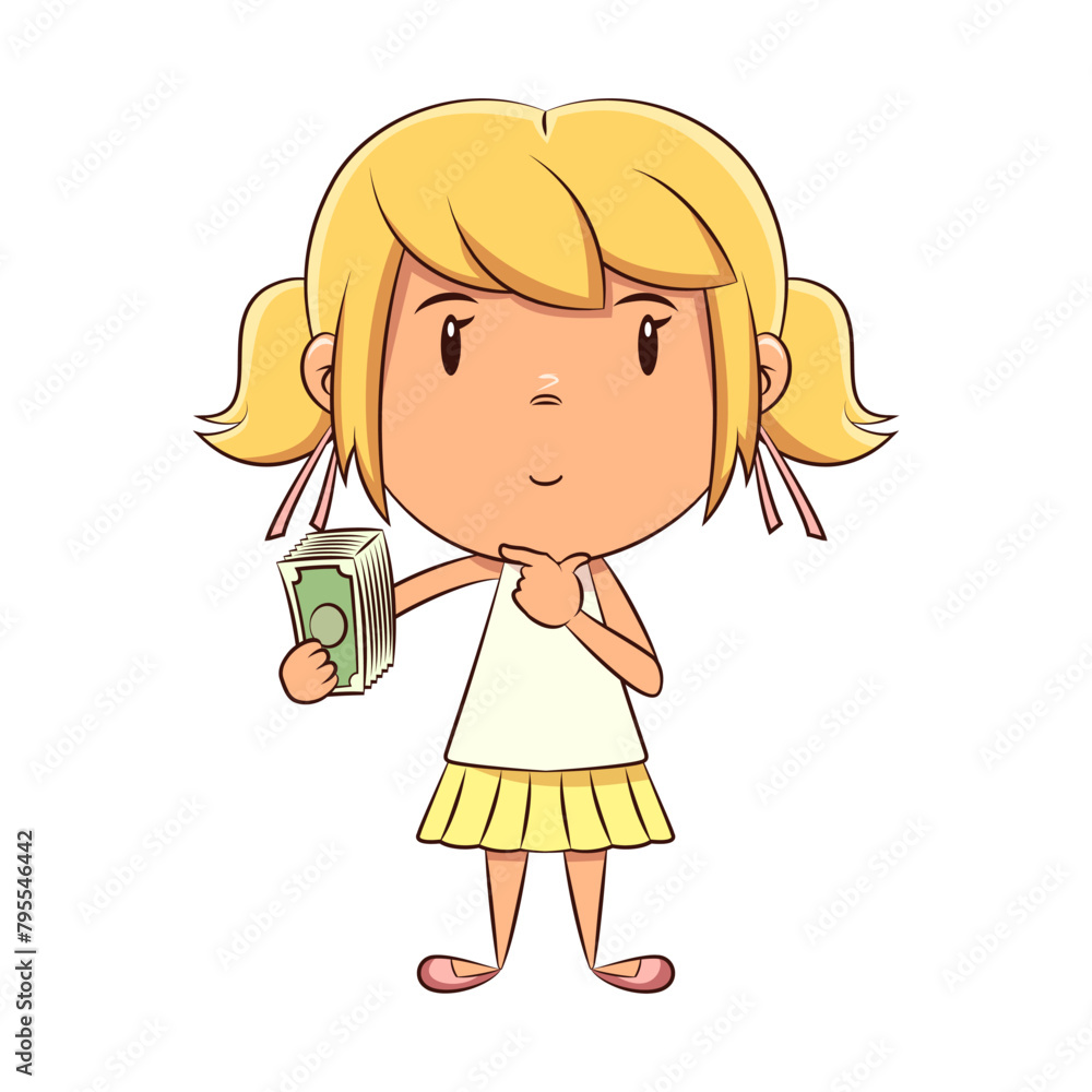 Girl, thinking, holding, money, child, cash, allowance Girl, thinking, holding, money, child, cash, allowance
