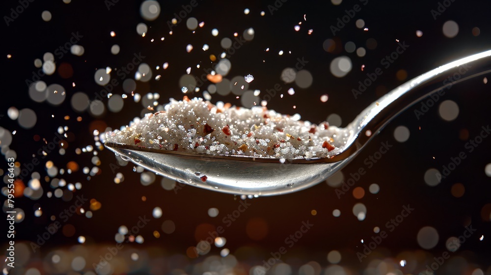 A spoon holding a heap of sugar and scattered sprinkles against a backdrop of a black surface, speckled with numerous minute white dots A spoon holding a heap of sugar and scattered sprinkles against a backdrop of a black surface, speckled with numerous minute white dots