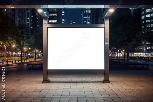 Empty white billboard on bus stop at night. Mock up