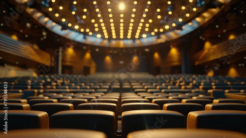 Golden lights over empty theater seats set the scene for drama
