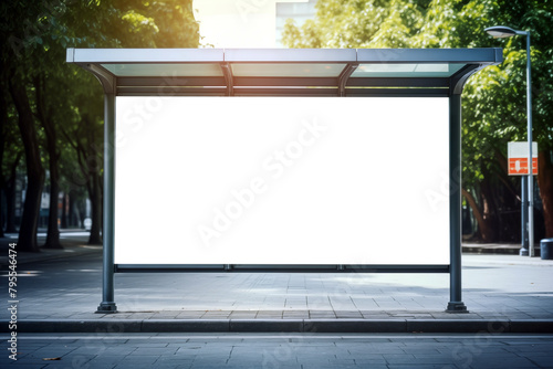 Empty bus stop with blank billboard in the city. Mock up