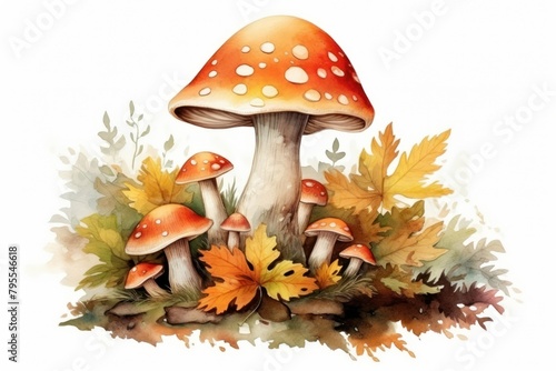 Mushroom watercolor fungus agaric plant.