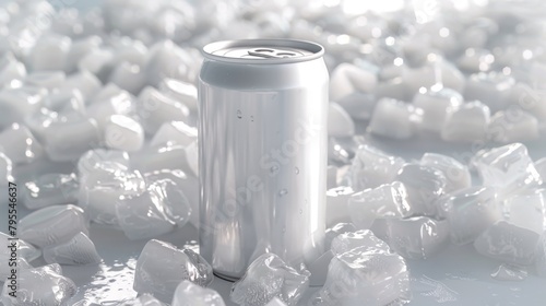 Frosty beverage can on ice cubes with fresh condensation photo