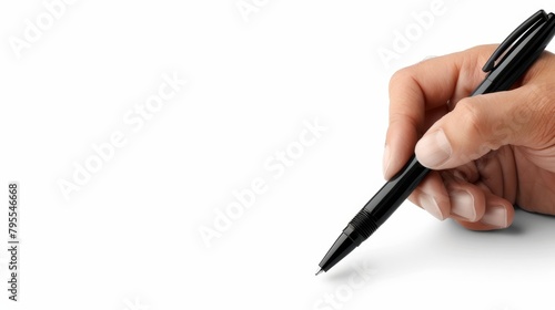  A hand holds a black ink pen, scribing on a paper
