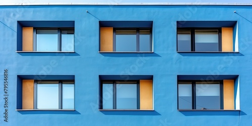 Блакитна будівля з численними вікнами, що стоїть на тлі ясного неба