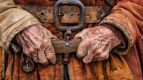  A tight shot of grubby hands clasping a metal padlock
