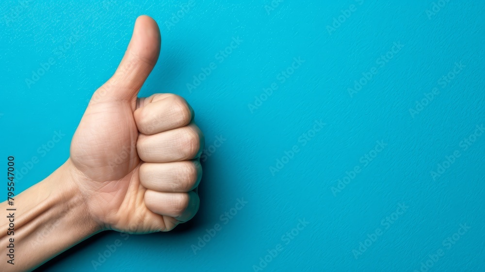   Person's hand giving a thumbs-up sign against a blue backdrop with a blue wall in the background