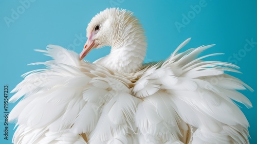  A tight shot of a white bird against a light blue backdrop, its feathers visible