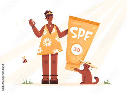 Spf 30. Sunscreen for black dark skin. African american woman get a sun tan. Healthy and safe sunbath. Summer beach and vacation. Big tube of sunblock cream. Cat wearing sun hat. Isolated vector.