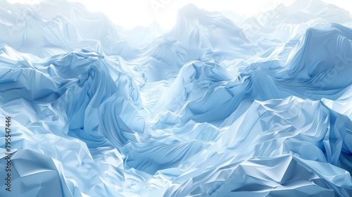   A vast assembly of icebergs amidst snow-capped  blue-gray mountains under a radiant  clear sky