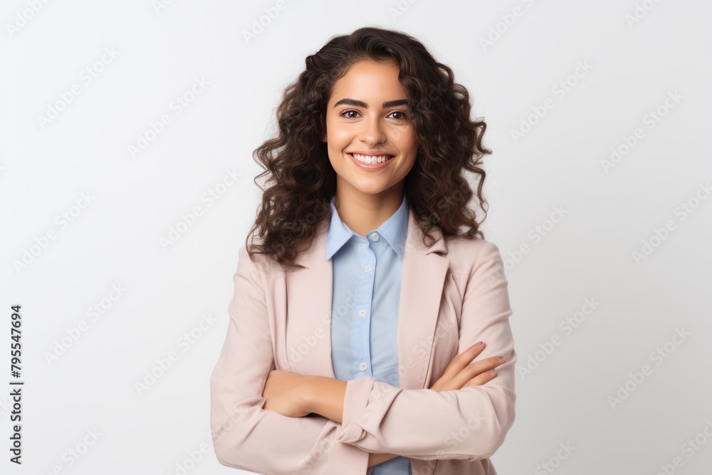 A woman with a smile on her face is wearing a pink jacket and a blue shirt. She is standing with her arms crossed and looking at the camera A woman with a smile on her face is wearing a pink jacket and a blue shirt. She is standing with her arms crossed and looking at the camera
