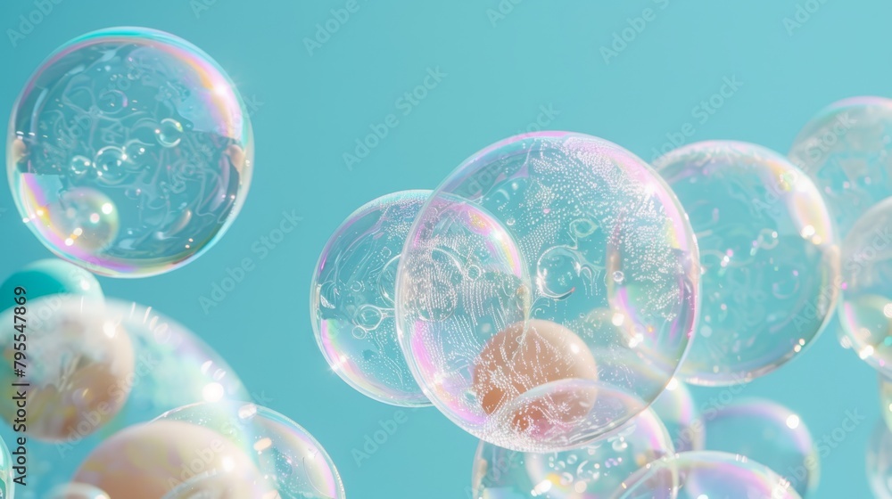 Soap bubbles drift in a blue sky background Soap bubbles drift in a blue sky background