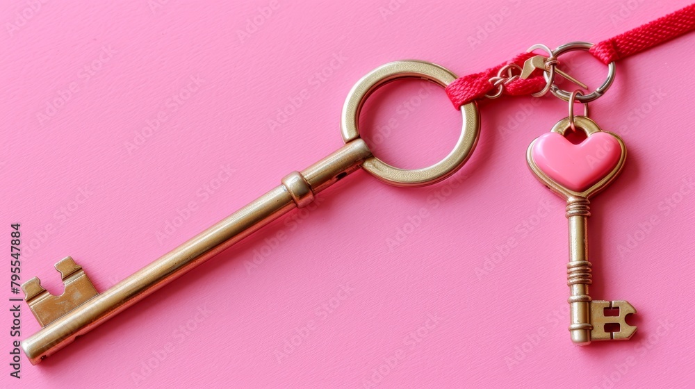 A gold key on a heart-shaped keychain, attached to a red string against a pink background A gold key on a heart-shaped keychain, attached to a red string against a pink background