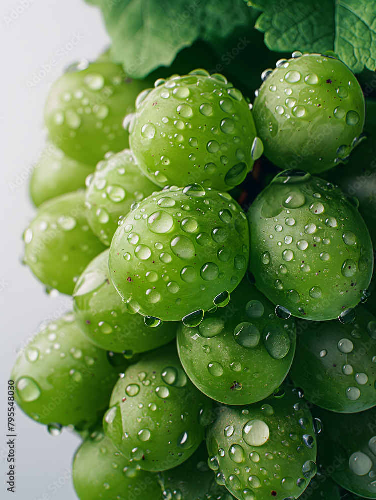 Obraz premium Fresh Green Grapes with Water Droplets Against a Bright Background