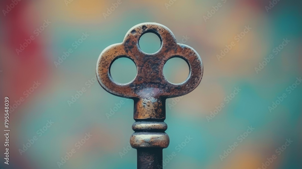 A rusted key against a metal pole, closely framed; background blurred in hues of blue, green, yellow, and red A rusted key against a metal pole, closely framed; background blurred in hues of blue, green, yellow, and red