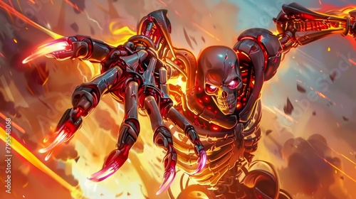 A skeletal figure made of molten metal, with glowing red eyes and sharp claws. photo