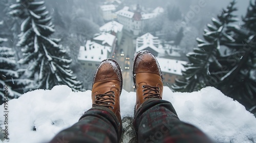  A person atop a snow-capped slope lifts feet, gazing at a distant town