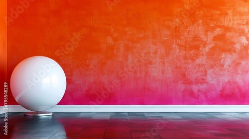   A room features a red wall, with a white ball positioned on the floor In front of this, there's a red-orange wall photo