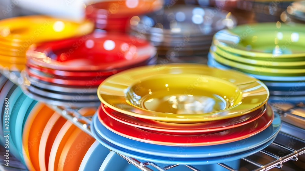 A metal rack, brimming with an array of vivid plates, stands adjacent to a wall adorned with more plates A metal rack, brimming with an array of vivid plates, stands adjacent to a wall adorned with more plates