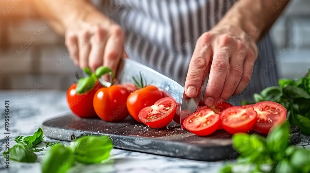   A person wielding a knife cuts tomatoes on a cutting board Basil leaves lie adjacent