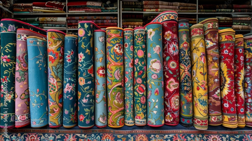   A shelf holds a variety of colorful rugs, while the bookshelf behind is filled with books