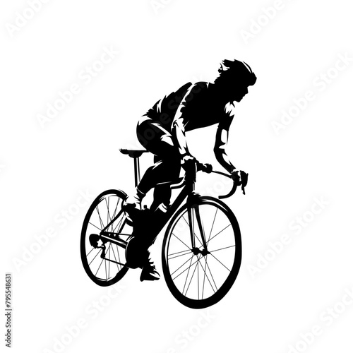 Biker, road cyclist riding bike, isolated vector silhouette, side view