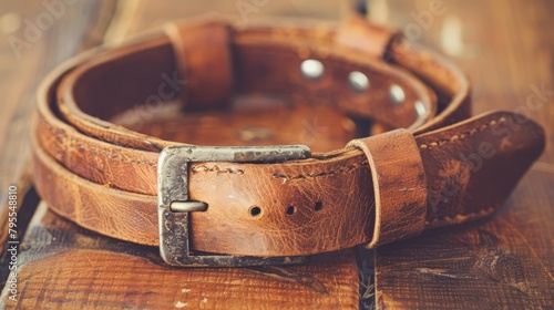  A tight shot of a leather belt against a wooden backdrop, its metal buckle prominent at the terminus