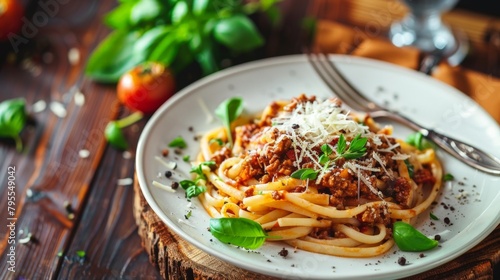 Plate of spaghetti with beef and basil