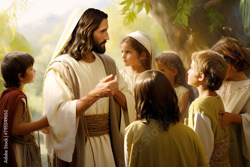Smiling Jesus Christ talks kindly to children
