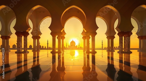 Traditional Islamic arches against a golden sunset background, evoking a sense of spirituality