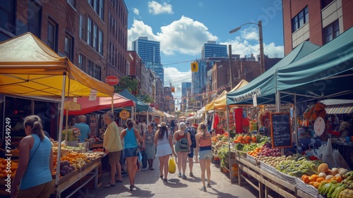 Bustling urban street market in the peak of summer with diverse vendors and shoppers interacting under colorful awnings. Vibrant city life and local commerce