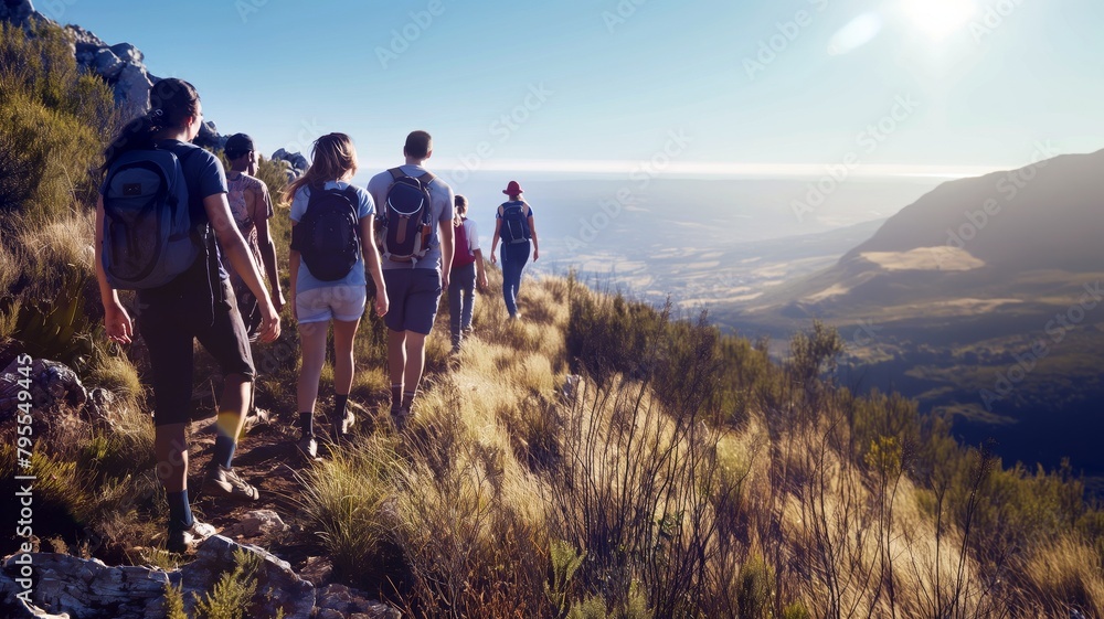Obraz premium Diverse Group of Friends Hiking on Sunny Mountain Trail with Expansive Valley Views 