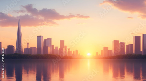 City with skyscrapers on the lakeshore during sunset