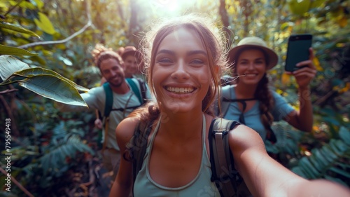 Joyful Group of Friends Taking Selfies on a Sunny Hiking Trail Surrounded by Lush Greenery 